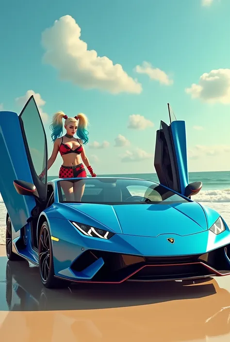 Harley queen and bulma come out of the blue lamborgini huracan that stopped by the beach