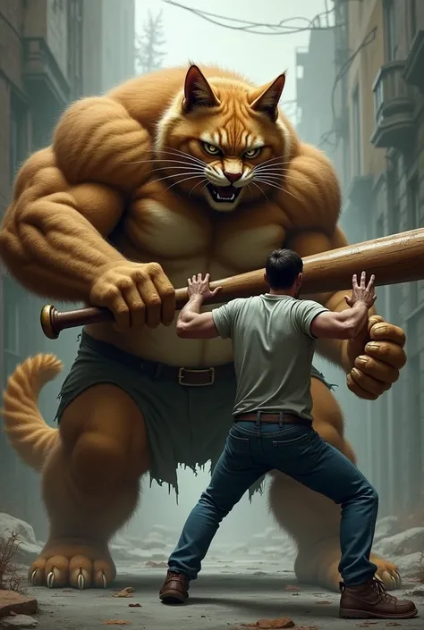  A big burly cat carrying a baseball bat, was dealing with a male sinfq  