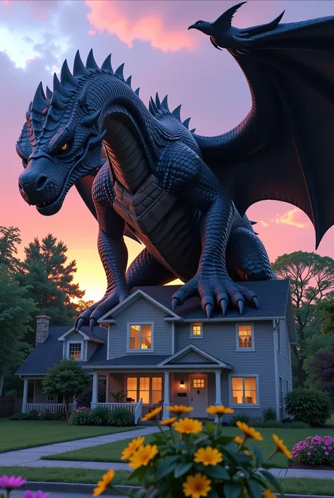 Enormous huge belly creature dragon perched in the front yard, gleaming black scales catching the sunlight, wings furled tight against its back, sharp talons sinking into the earth. A suburban house stands small in the background, flowers along the garden ...