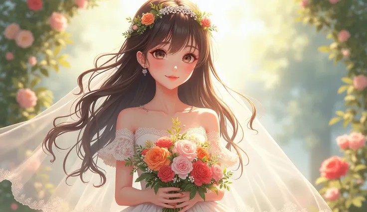 a woman in a wedding dress holding flowers in anime style
