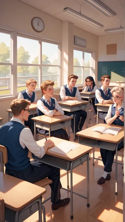 Ultimate image quality, high school students, boys and girls, final exam in school classroom, everyone sitting at desks and answering test questions