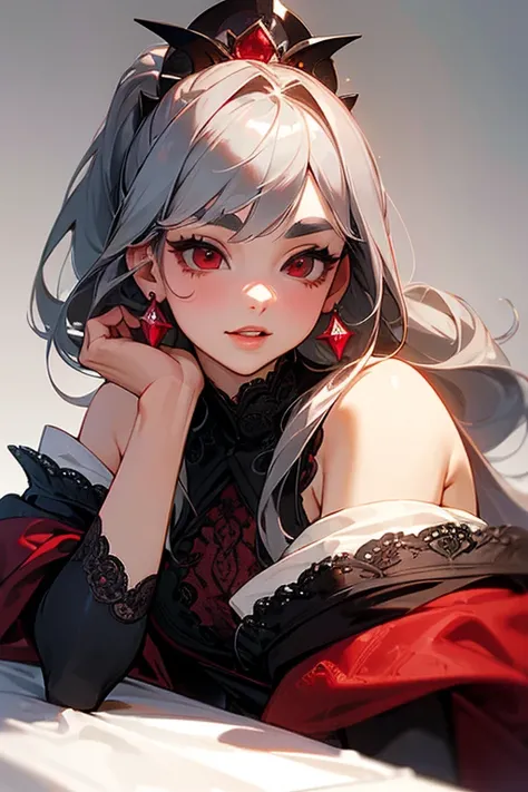 ( top quality,   Masterpiece :1.2),  high definition , 最高  Masterpiece 、 very detailed,  realistic :1.37, fantasy, Illustration,Grey Hair、 red eyes、 White and Navy Lace Dress、beautiful、 eyeshadow red 、 thick eyebrows、 has long eyelashes、 Students Are Black...