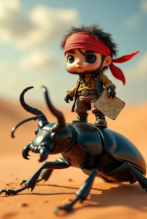 Macro photograph of a tiny pirate with a red bandana and an eyepatch, standing proudly on the back of a shiny black stag beetle. The pirate is holding a miniature treasure map, scanning the horizon. The stag beetle’s mandibles and the pirate’s rugged outfi...