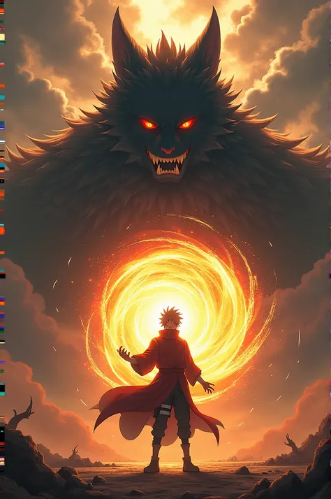 Naruto Yang is holding a rasengan and behind him is a kurama