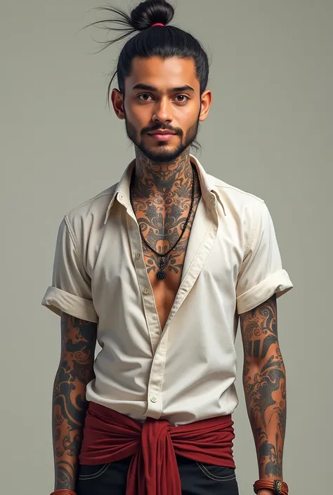 A nepali guy
 with hair tied, 
holding tattoo stickers with full body tattoo and white shirt on him smiling named AOBA