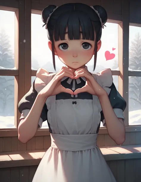 maid, female, shy, making a heart with hands, bun hair, blunt cut, black hair, black eyes, short, , in the morning, with a window, in the house, with snow, kawaii, manga