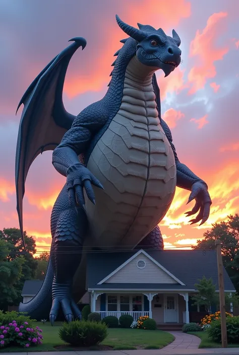 Enormous huge belly creature dragon fat perched in the front yard, gleaming black scales catching the sunlight, wings furled tight against its back, sharp talons sinking into the earth. A suburban house stands small in the background, flowers along the gar...