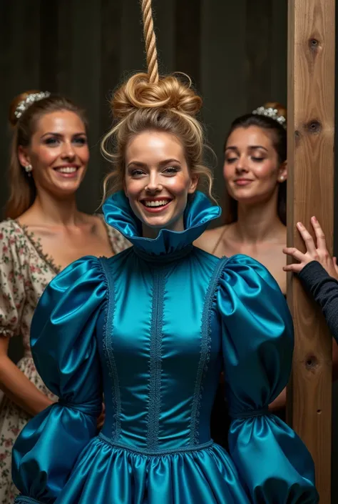 (realistic photograph close up sideways), (a pleased beautiful Caucasian woman with (messy hair bun), she is wearing (an elaborate shiny blue silk gown featuring (long gigantic pouf sleeves) and (an ultra high tight stand-up collar up to her cheeks with a ...