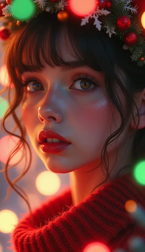 a surreal christmas-themed wonderland, christmas lights, christmas ornaments, joyful, fantasy, colorful, dreamy, whimsical, beautiful detailed eyes, beautiful detailed lips, extremely detailed eyes and face, long eyelashes, 1 girl, intricate details, (best...