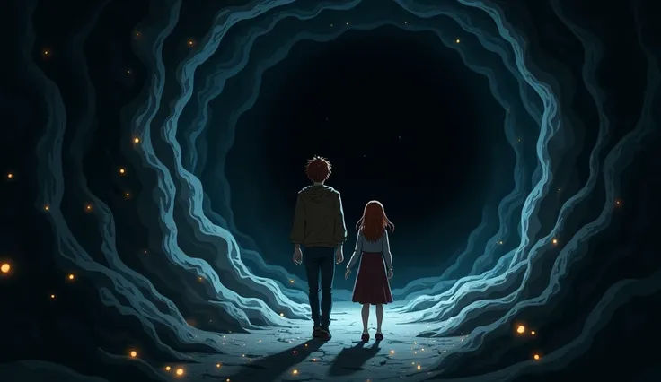 The cave around them seemed to come alive, the walls seemed to be moving and writhing like living things

17-year-old boy with chestnut hair and hazel eyes

An eighteen-year-old red-haired girl

The darkness is bottomless


Very dark cave


anime style