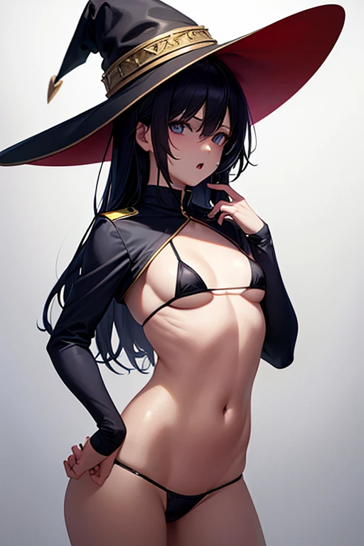  1 girl in uniform,  turn your gaze ,  open her mouth , Left eye is red, Right eye is blue, black hair,  witch hat ,  high definition , masterpiece, accurate,  anatomically correct,  won numerous awards, high quality,  high image quality model ,  high deta...