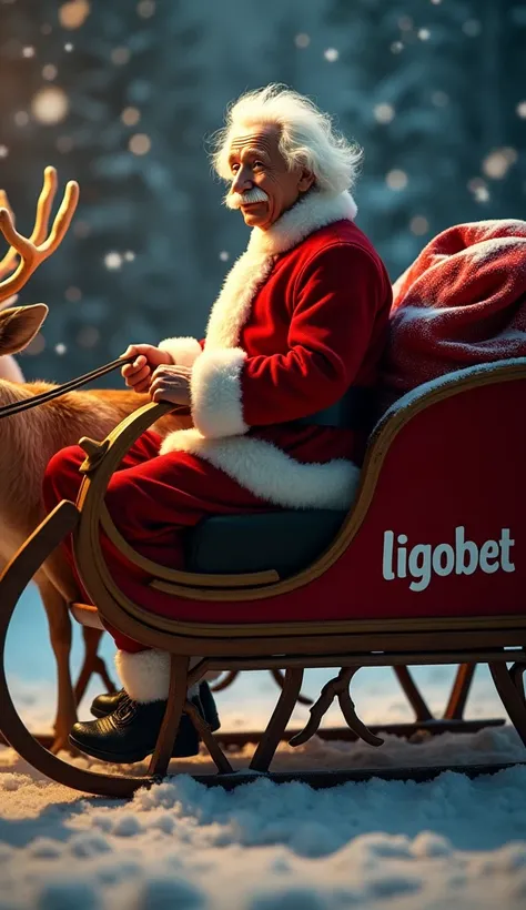 Albert Einstein wearing a Santa Claus outfit, riding a sleigh with reindeer from a side view, illuminated by warm cinematic lighting. The sleigh is shown in a wide-angle view and features a realistic Ligobet logo on its side. Behind the sleigh, a large red...