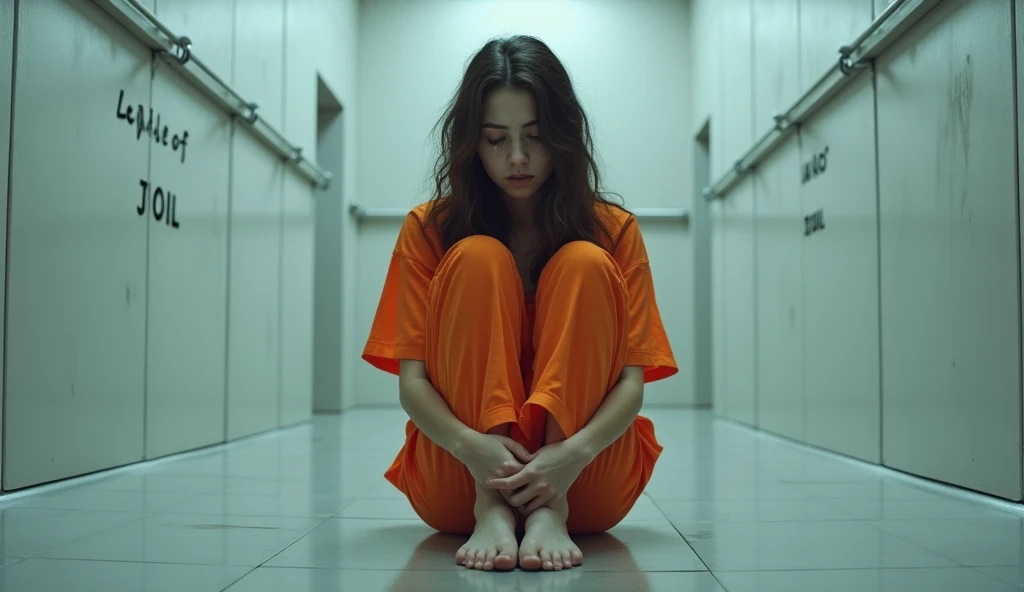  Young woman orange prison clothes barefoot in cell looks sad tears run down her face. Cell very clean and modern .  On the wall there is “LANDS OF JAIL”