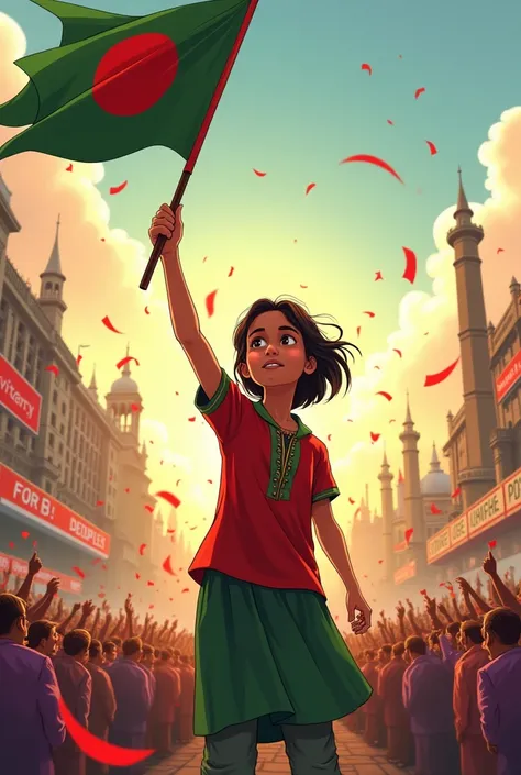 "In a jubilant afternoon in Dhaka, a young girl stands tall in the foreground, her hand firmly gripping the Bangladeshi flag, which flutters proudly in the breeze. She radiates confidence and pride, dressed in traditional attire with a determined gaze. Beh...