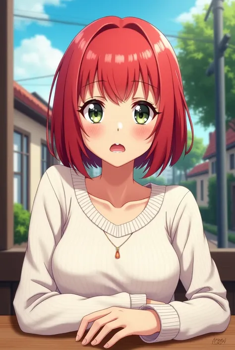 Anime girl, red bob hair, wearing a white sweater, hands on a table, outdoor, shock expression, looking at viewer, buildings, house, trees in background