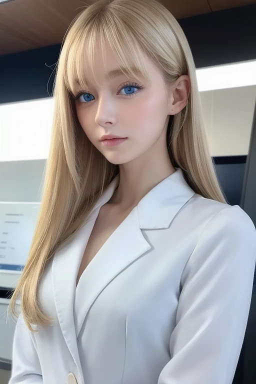  1 girl, solo,  high definition , masterpiece,  anatomically correct,  top quality, blue eyes, 世界一のBeauty、Beauty、Small face、 and the nose is tall、Blonde、suit、 white shirt、 look good 、 Tall、大きなchest, chest,  uniform、company employee、Japanese half、bangs、 blo...