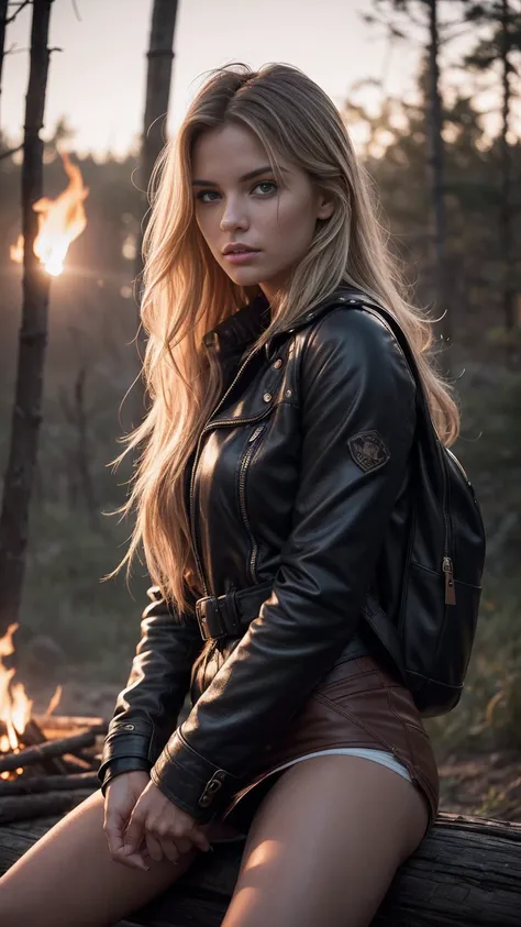 An ultra hot gorgeous European woman, age 23. She’s a playmate and men magazine supermodel. Long wavy blond hair, messy wind blown hair, Full body, sitting by a campfire, wearing brown leather coat, dark blue jeans, (extremely detailed 8k wallpaper), mood ...