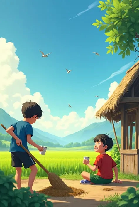 Prompt: A vibrant and colorful rural village with lush green rice fields stretching into the distance. The sky is bright blue with a few white clouds and birds flying overhead. Character 1 ( boy wearing a blue T-shirt and black shorts) is helping with farm...