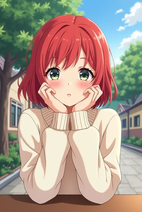 Anime girl, red bob hair, wearing a white sweater, hands on a table, outdoor, looking at viewer, buildings, house, trees in background