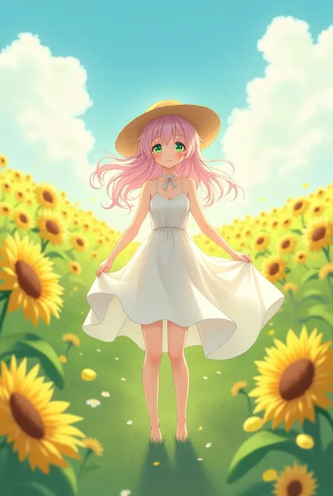 Pinkish white hair and green blue eyes anime girl. White dress with strawhat in the green sunflower field.