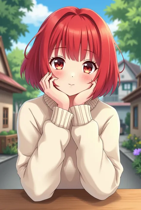 Anime girl, red bob hair, wearing a white sweater, hands on a table, outdoor, looking at viewer, buildings, house, trees in background