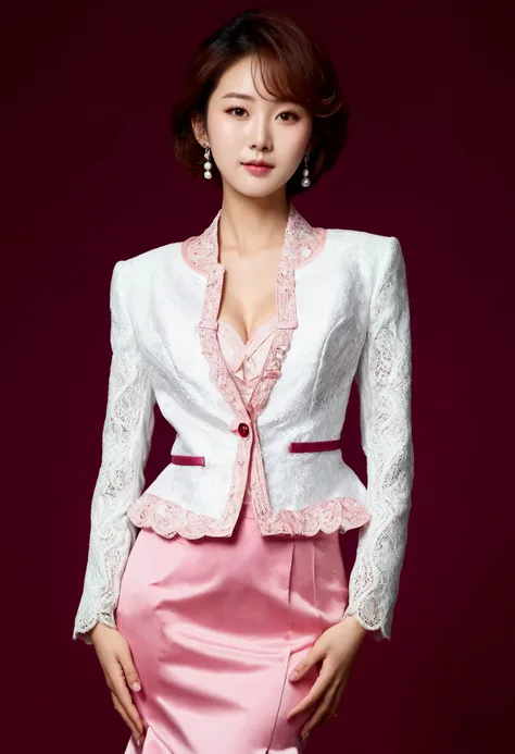  A Korean man is wearing a ladys skirt suit,  Beautiful Skirt Suit,  Hes a female man ,  He has big breasts like a woman ,  His face is very masculine ,  His hair is masculine short ,  pink and white, Frills and Lace , Lady Dress , Two-piece, Cropped Jacke...