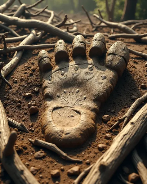 A close-up of a dinosaur footprint, embedded in the muddy ground, surrounded by sharp, broken branches and claw marks.