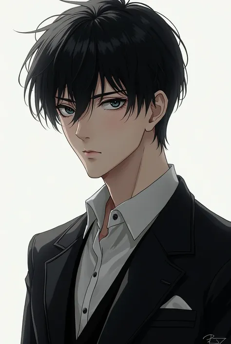 anime guy, black hair, slender with muscle, serious, and formal