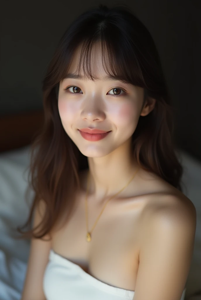 A portrait of a young cute Japanese woman
in a soft ly lit indoor setting with a dark
neutral background, creating a contrast
that highlights her facial features. She has
a smooth, fair complexion with a natural,
radiant glow. Her face is giving a gentle
a...