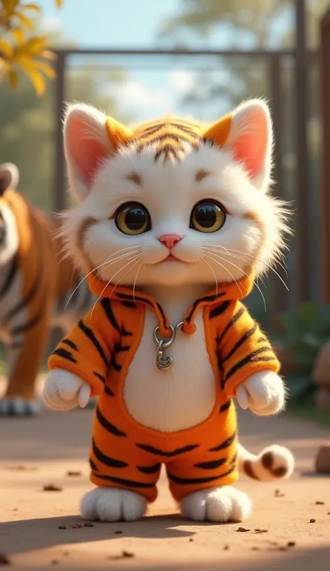  High quality 3D rendering of cute anthropomorphic white fluffy kitten, wearing a tiger costume . Behind him was a tiger that was in a cage..  The background should show a vast zoo. 3d animated cartoon