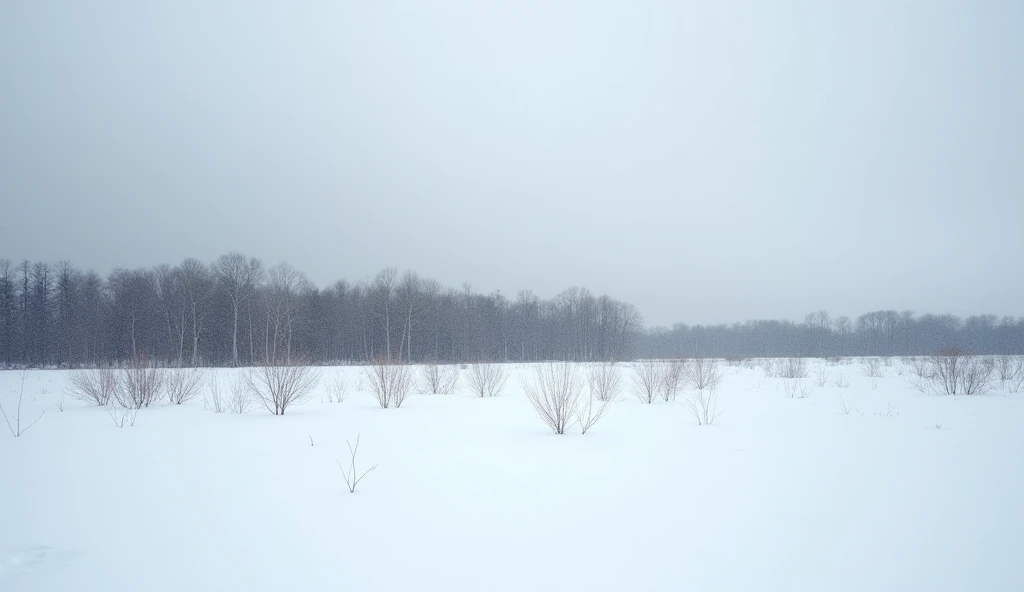  on the white snow in the distance,There is a row of bald spots、 with a lot of branches ， gray sky ,masterpiece