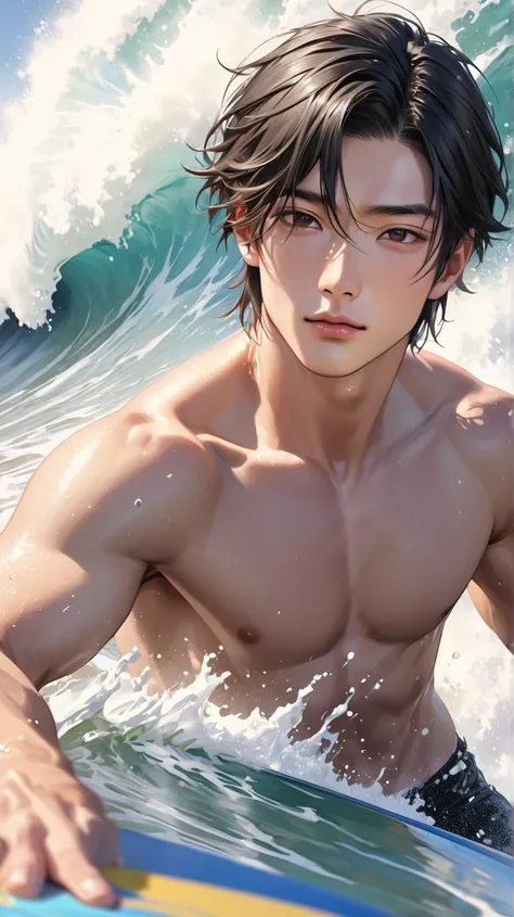 (photorealism:1.2), very Handsome japanese man, 22-27 year-old, beach, surfing, close up