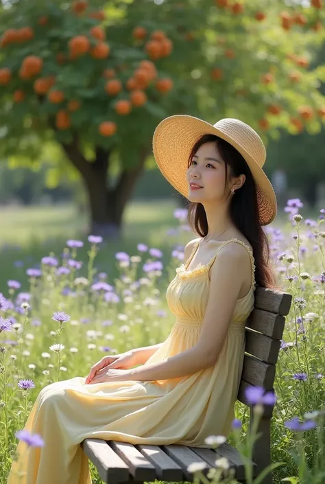 A photograph captures an Asian woman with fair skin and long, dark hair, wearing a light yellow, ruffled dress and a matching hat, sitting on a wooden bench in a vibrant field of purple and white wildflowers. The background features lush greenery with a de...