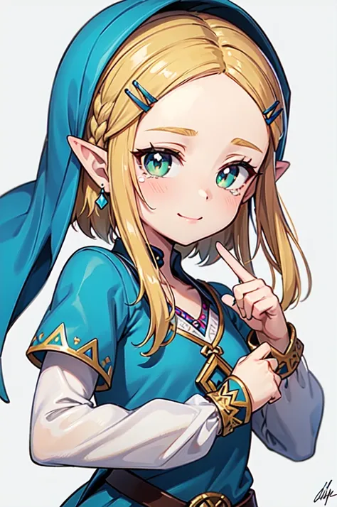 1girl, princess zelda, , the legend of zelda, the legend of zelda: tears of the kingdom, blonde hair, blue dress, braid, closed mouth, dress, forehead, green eyes, hair ornament, hairclip, long sleeves, pointy ears, short hair, signature, simple background...