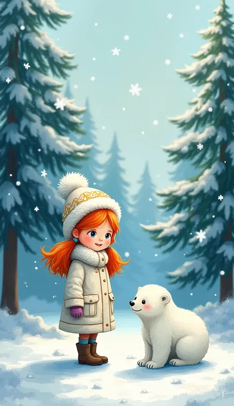 
Watercolor acrylic, random pose, Russian girl , orange pigtails, white fluffy hat and coat, bright enthusiastic eyes, in a clearing in a snowy spruce forest, next to a small polar bear cub