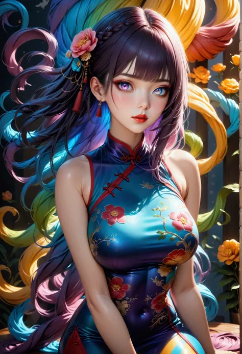 (masterpiece, aesthetic, detailed eyes, realistic), 1girl, mahiru shiina, angel next door spoils me rotten, Long smooth straight dark purple hair, inner gradient hair from light blue to purple, gradient eyes from dark golden to dark purple, large bust, lar...