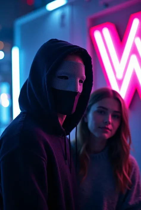  Alan Walker with a mask and a sweater and a girl, Neon Night and with the W Christmas logo illuminated  