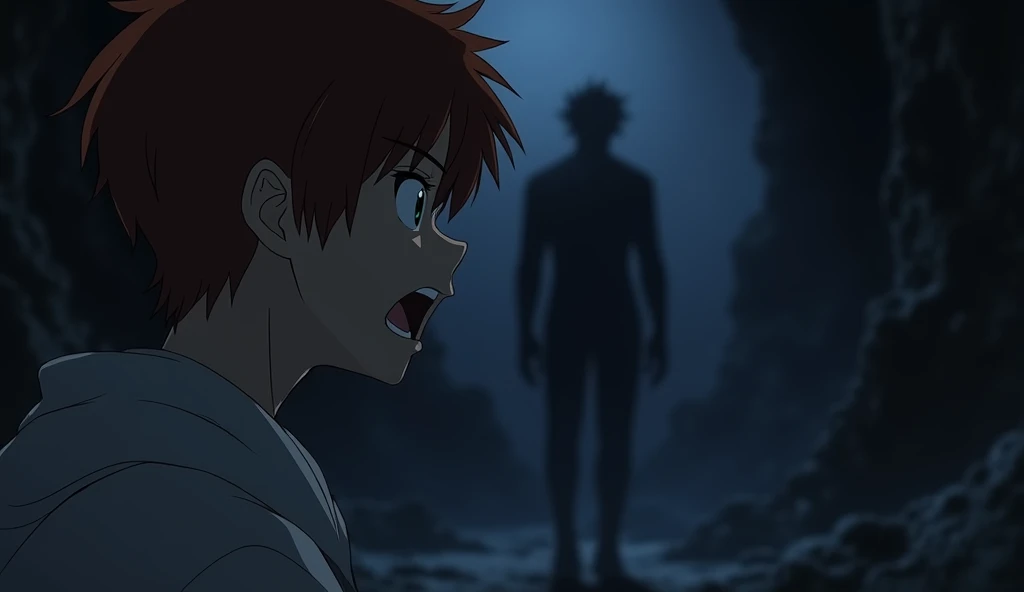 Alarics heart raced as he caught a glimpse of the menacing shape in the shadows

17-year-old boy with chestnut hair and hazel eyes


The darkness is bottomless


Very dark cave


anime style