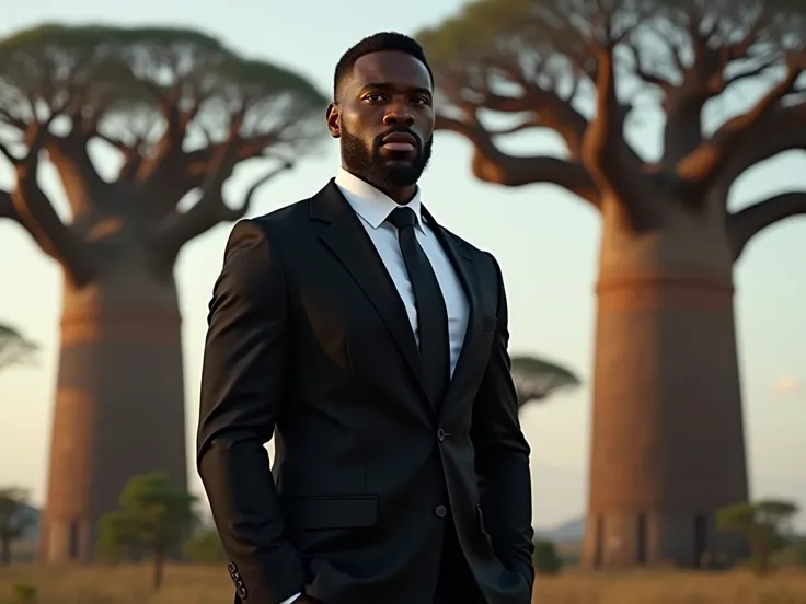 A mixed-race man with brown skin in a black suit, white shirt, and tie, standing heroically from head to toe, with a background of baobab trees