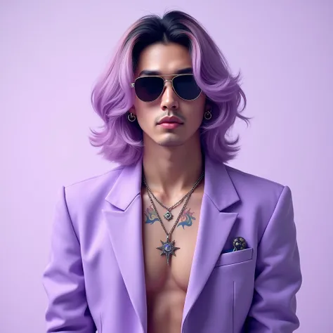 generate a handsome his wearing a hypebes outfit aesthetic the color of the outfit is the color of outfit is half lavender and half violet his hair is korean and weavey and the color of the hair is half lavender and half violet radiant and his wearing a su...