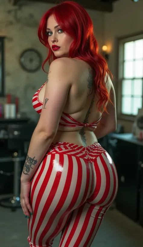 MASSIVE GIANT BUTTOCKS, red white and black stripped plastic leggings, UHD, Shes a white red haired woman with thin waist, green eyes, huge ass, red lips, make up, grunge salon, side view