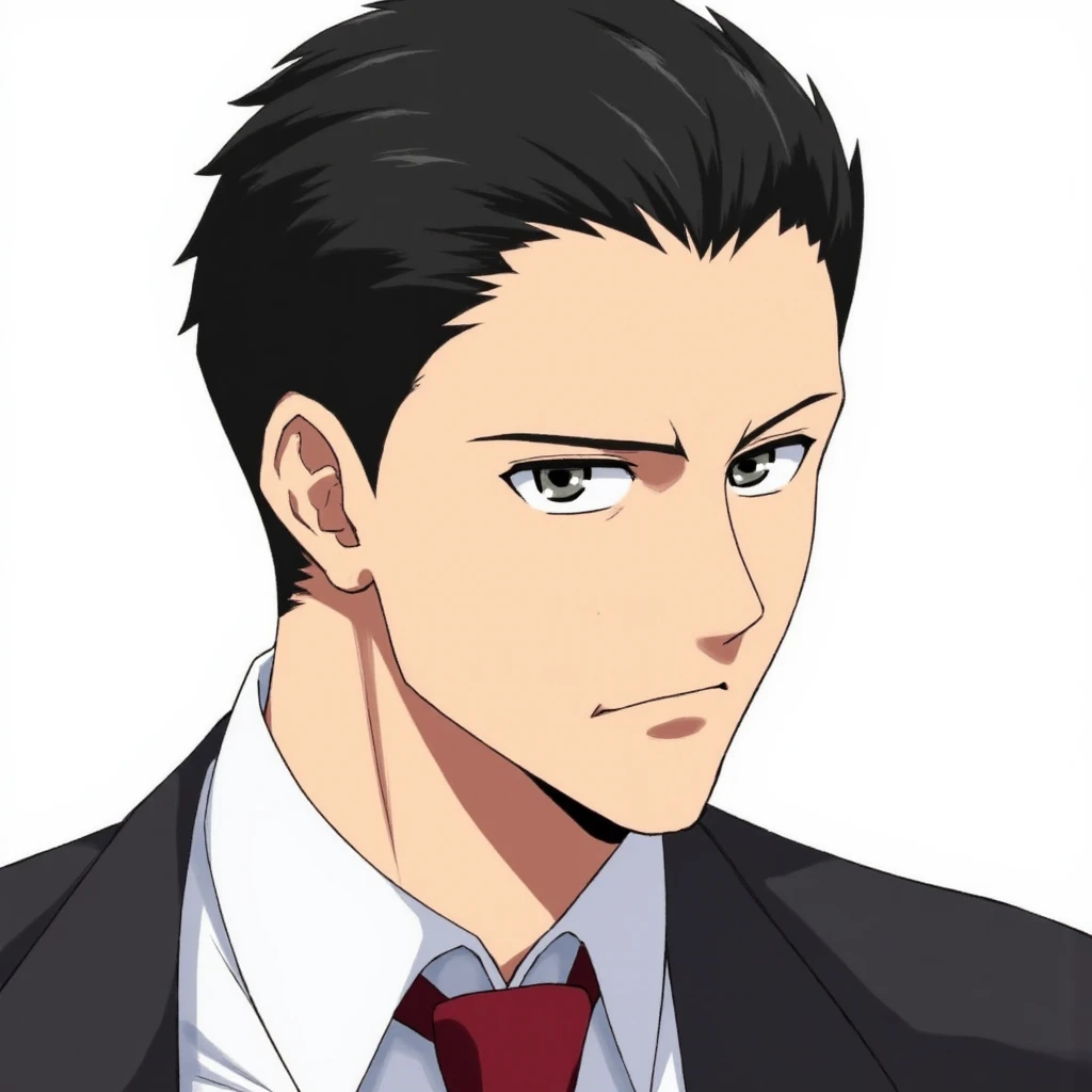 anime guy, black short hair, slender with muscle, serious looking, formal