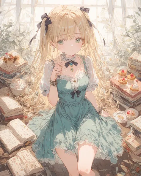 (  Masterpiece , top quality,Ultra_  Details, high definition , absurd:1.2), 1 girl, animal_On_head, black_ribbOn, blOnde_light blue_hair, green_ dress, green_eye, , Books, Booksmark, bow, brooch, cookie, cupcake,  dress,  dress_bow, _ piercing above spo, ...