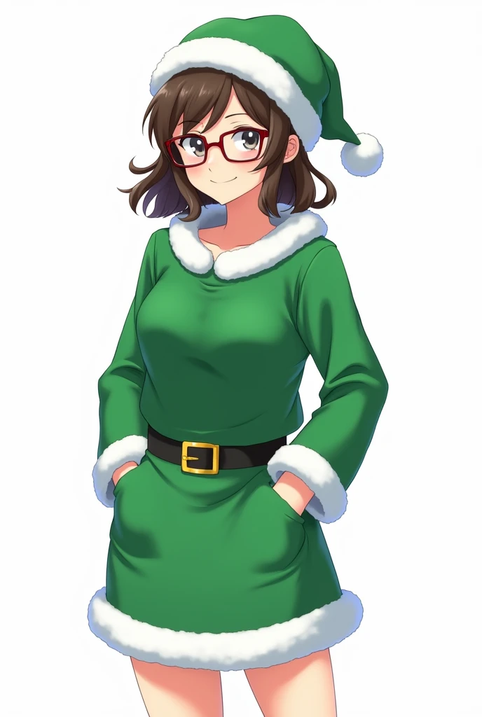 Woman wearing glasses wearing a green Santa suit
anime style
background white
semi-long hair