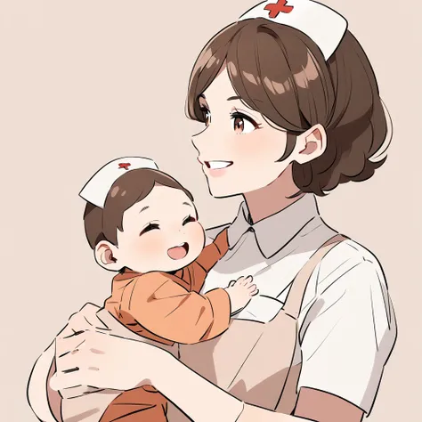 brown haired nurse with baby smiling