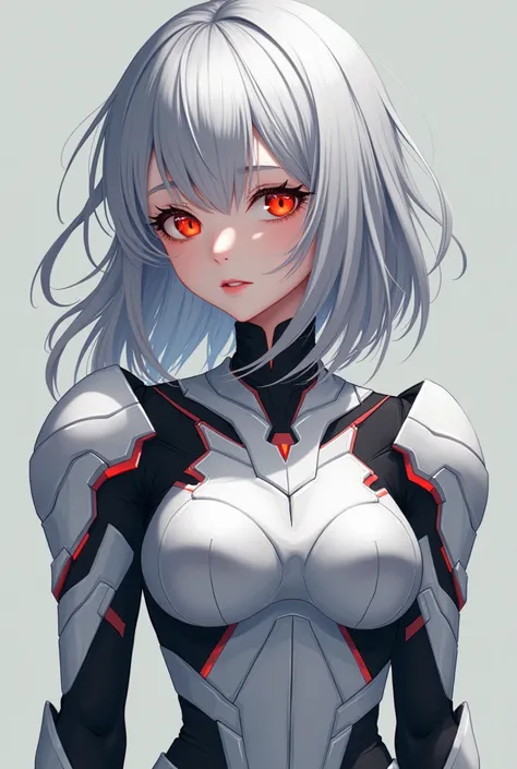  masterpiece,  best quality,  realistic,  ultra detailed ,  8K ultra-high image quality , anime,  1 girl,  full body view ,  long hair, silver hair , two different eye colors ,  one red eye and one orange eye ,  revealing light armor in black with red acce...