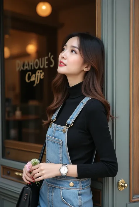 A beautiful Korean woman with her face looking up, standing next to the outer door of a French cafe, with a frame with the words "Caffe", wearing a black turtleneck and overall jumpsuit, a branded bag, holding a flower.