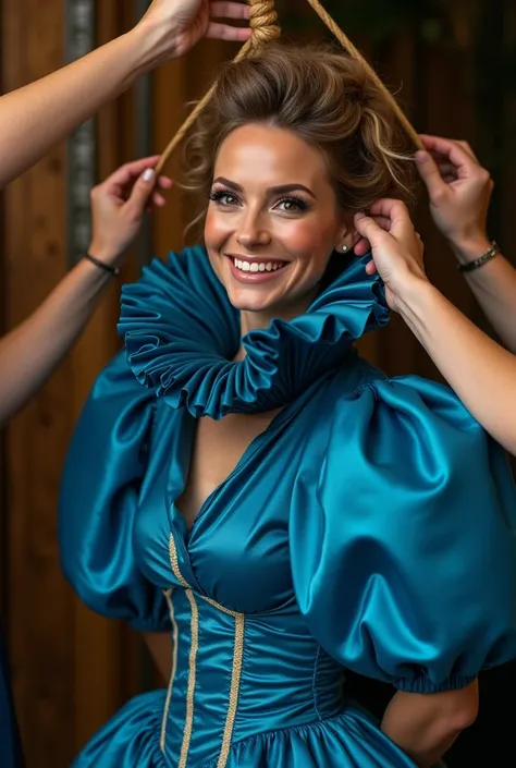 (realistic photograph close up sideways), (a pleased beautiful Caucasian woman with (messy hair bun), she is wearing (an elaborate shiny blue silk gown featuring (long gigantic pouf sleeves) and (an ultra high tight stand-up collar up to her cheeks with a ...