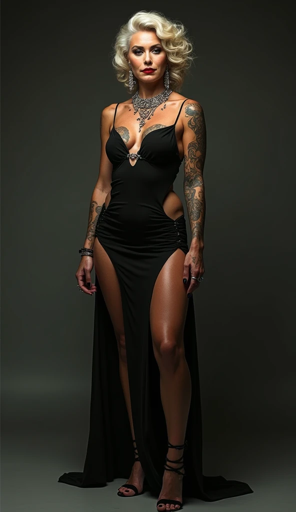 Milf mistress dominatrix, 50 years old. bdsm,  tattoo , sundress, legs,  heel shoes . 