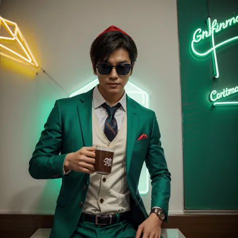 Generate an image of Generate an image of a handsome korean boy wearing a emerald casual suit with necktie and sunglasses christmas hat holding a neon coffee facing left, name zetsu is written on wall . .In the style of Fluorescent color painting, with .